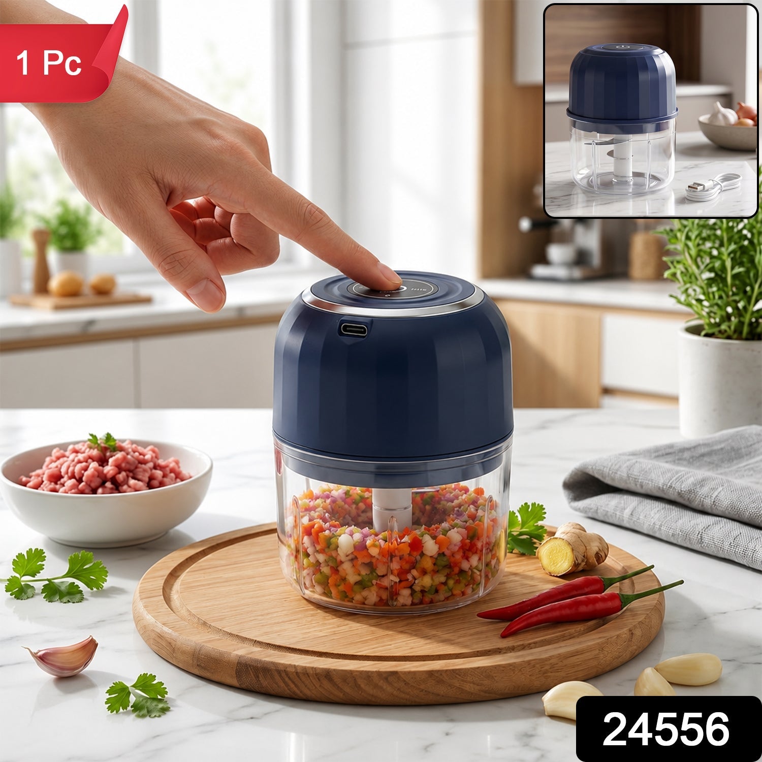 Usb Rechargeable Mini Food Chopper With Glass Bowl For Quick Kitchen Prep (1 Pc)
